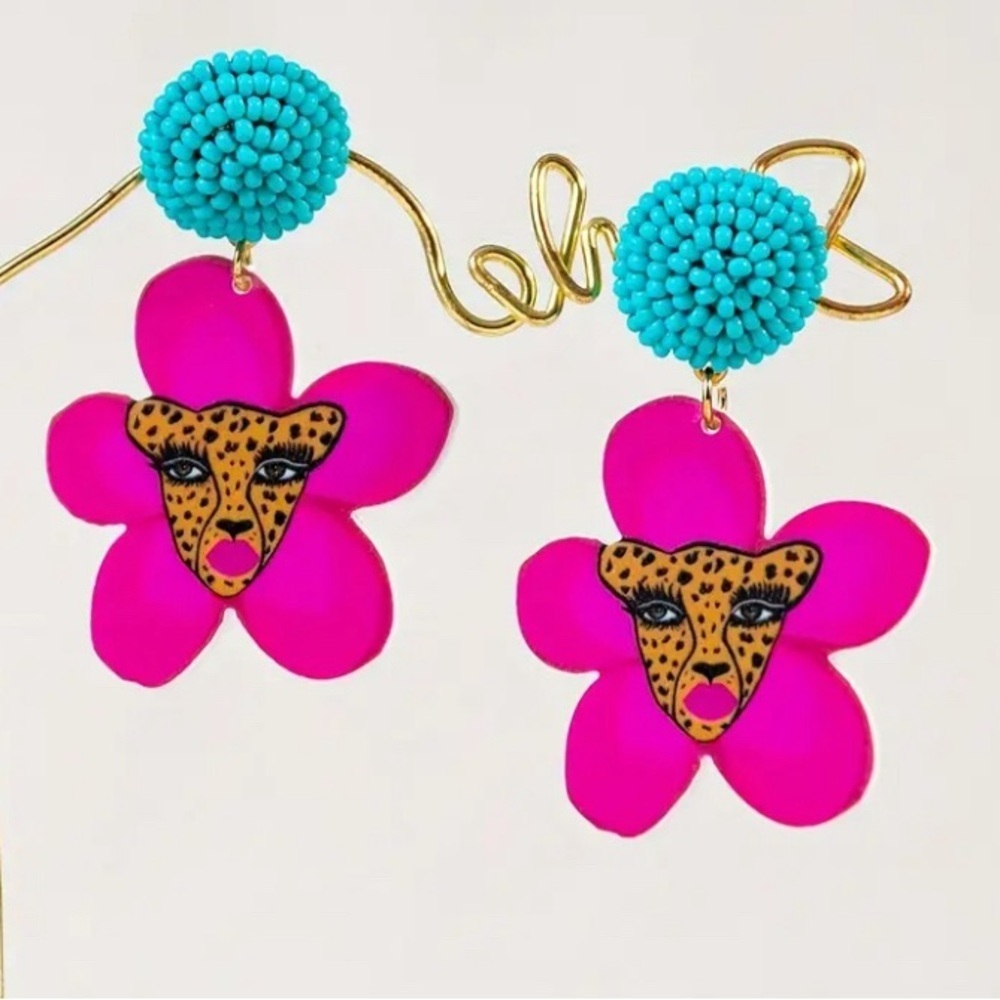 Beautiful Flower Cheetah Acrylic Handmade Beaded Earrings